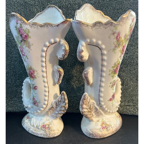 Pair of Peasant Village England Porcelain Cornacopia Vases Vintage - Picture 2 of 10